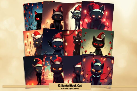 Download Santa Black Cat Lights Digital Papers - Cat Collection