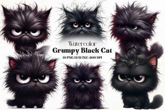 Download Watercolor Grumpy Black Cat Clipart - Cat Collection