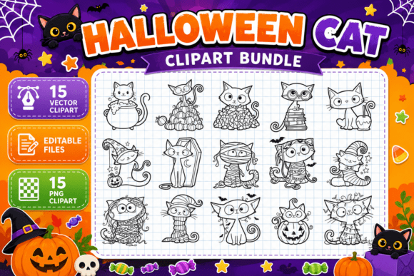 Download Halloween Cat Coloring Stamp Clipart PNG - Cat Collection