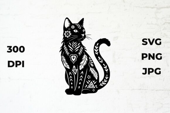 Download Black Cat Silhouette with Boho Patterns - Cat Collection