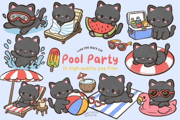 Download Kawaii Pool Party Black Cat Clipart - Cat Collection