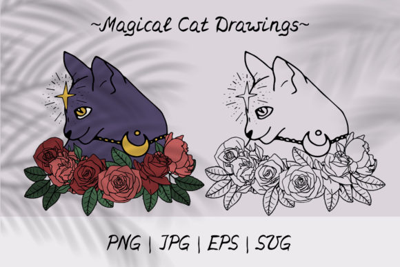 Download Magic Cat with Flowers Line Art SVG PNG - Cat Collection