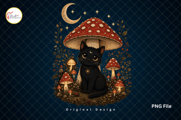 Download Black Cat Cottagecore Mushroom PNG - Cat Collection