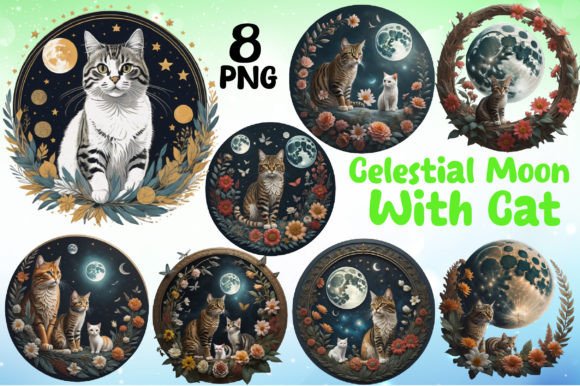 Download Celestial Moon with Cat Illustrations - Cat Collection