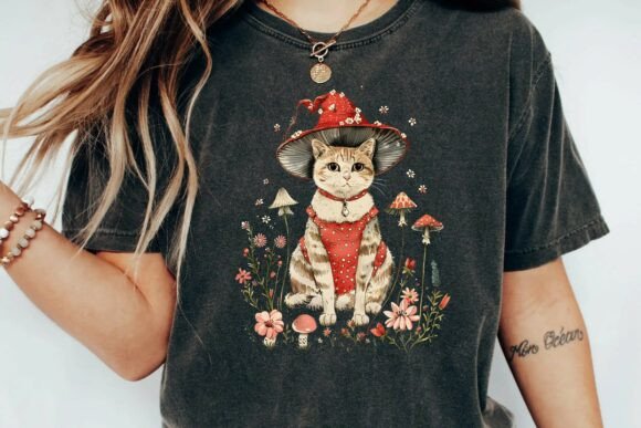 Download Mushroom Cat Cottagecore Aesthetic Whimsical Witchy Kitten Vintage Art Design Png - Cat Collection