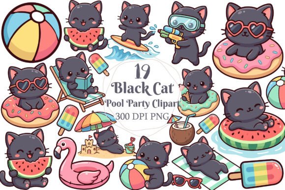 Download Pool Party Black Cat Clipart - Cat Collection