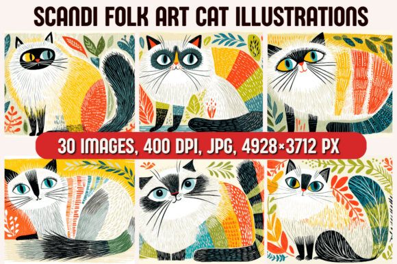 Download Scandi Folk Art Cat Illustrations - Cat Collection